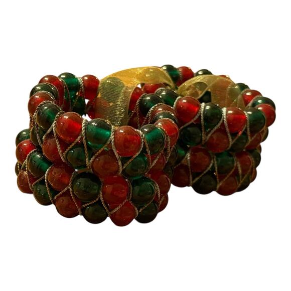KEMP & BEATLEY SET OF 4 CHRISTMAS RED & GREEN GLASS BEADED NAPKIN RINGS HOLDERS - Picture 4 of 5